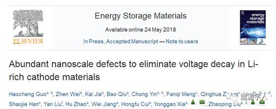 中国科学院宁波材料所ESM：构筑丰富的纳米尺度缺陷以应对富锂正极材料的电压衰减