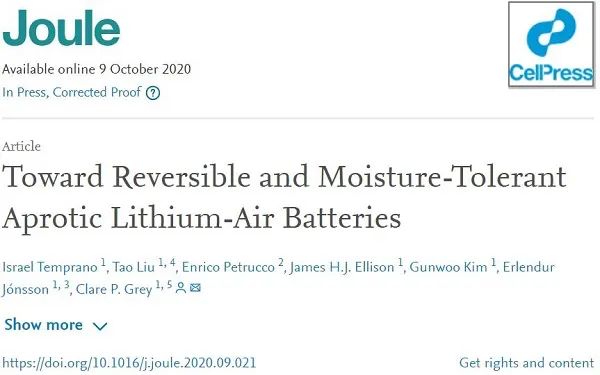 Joule：可逆、耐湿的非质子锂-空气电池