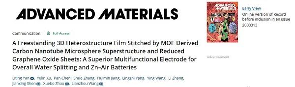 Adv. Mater.：MOF衍生的碳纳米管微球与rGO复合的自支撑三维异质结薄膜用于电解水和锌-空电池