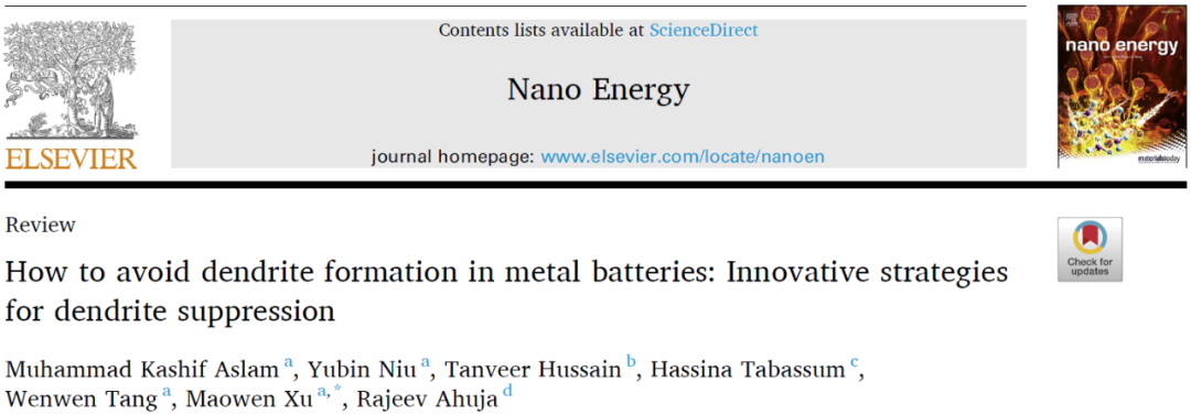 西南大学徐茂文教授Nano Energy综述：金属电池中的枝晶应对策略