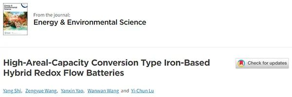 香港中文大学EES: 高面容量的转换型铁基氧化还原液流电池