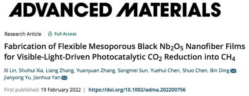 东华大学闫建华&丁彬Adv. Mater.：柔性介孔黑色Nb2O5纳米纤维薄膜，可见光下还原CO2为CH4